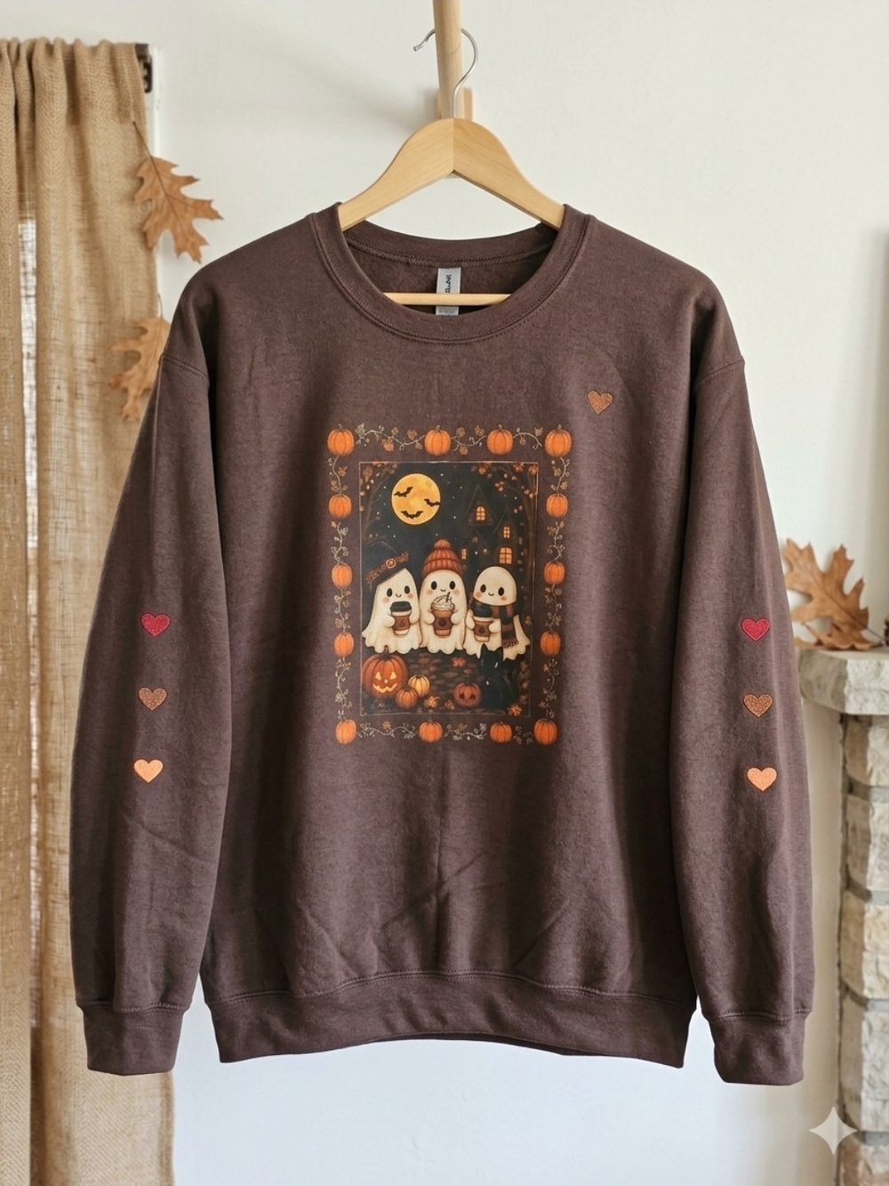 Gildan Brown Halloween Ghost Crewneck Sweatshirt with Pumpkin Hearts